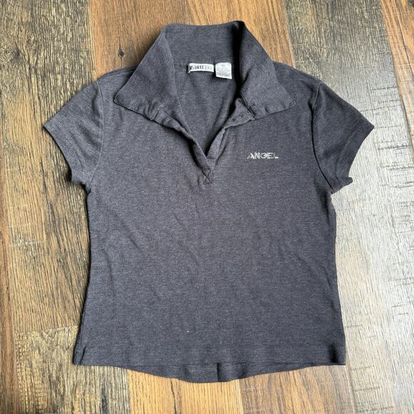 Y2K Us Three ANGEL Rhinestone Baby Polo Tee Top Sz M Gray Stretch Fitted Club - Picture 1 of 6